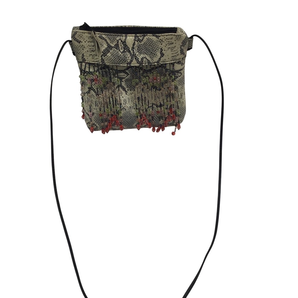 Paul Joseph Handbags Snakeskin Print Leather Beaded Fringe Crossbody‎ Bag Grey